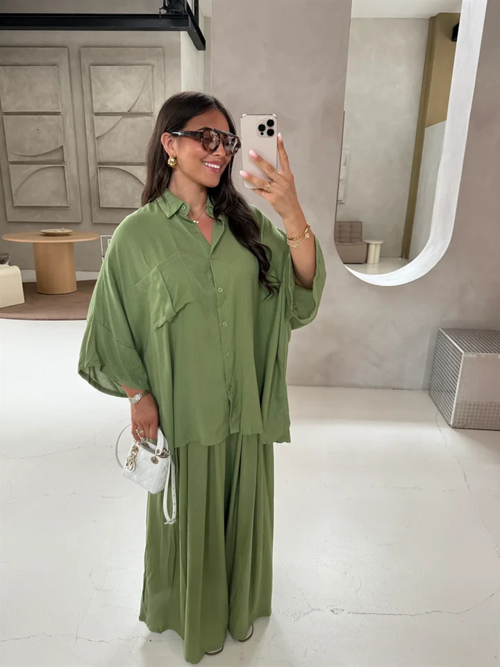 2 Pieces Womens Pant Set cotton Single Breasted Half Sleeve Shirts High Waist Wide Leg Pants Lady Summer Vacastion Outfits 250811