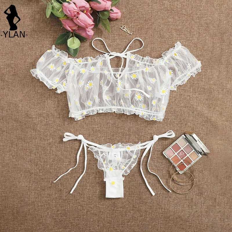Wire Free Lingerie Set Off-Shoulder Sexy Womens Underwear Small Chest Bralette+Thong Lace Swimsuit Beachwear New Flower Bra SetXJ250812