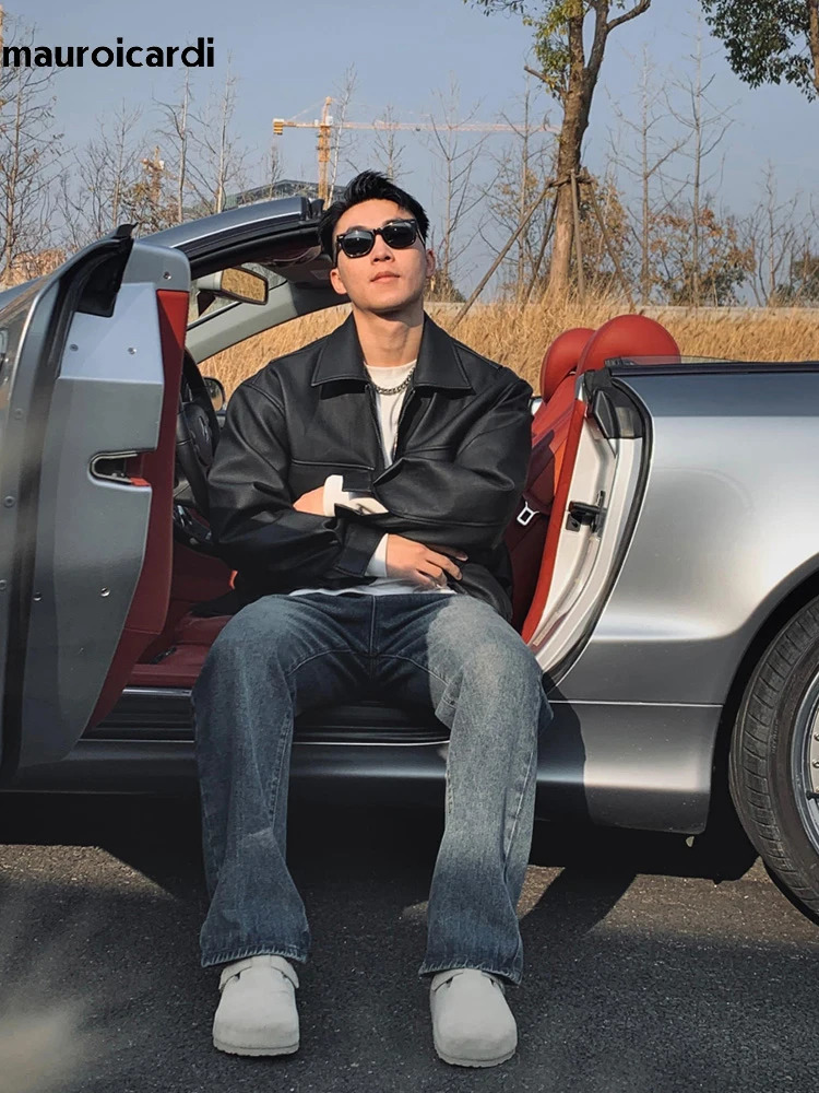 Mauroicardi Spring Cool Handsome Oversized Short Matte Black Pu Leather jacket Men Zipper Pockets Loose er Clothes 250811