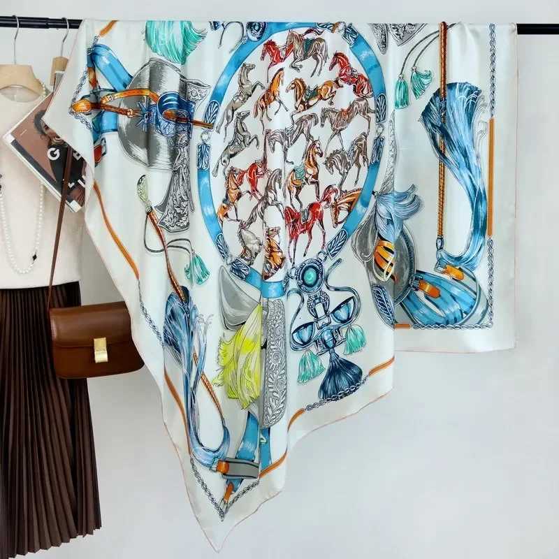 High-end Elegant Womens Beautiful Horse Formation Printed Quty 140CM Twill Silk Hand-rolled Edge Large Square Scarf Blanket Shawl-1 G250818