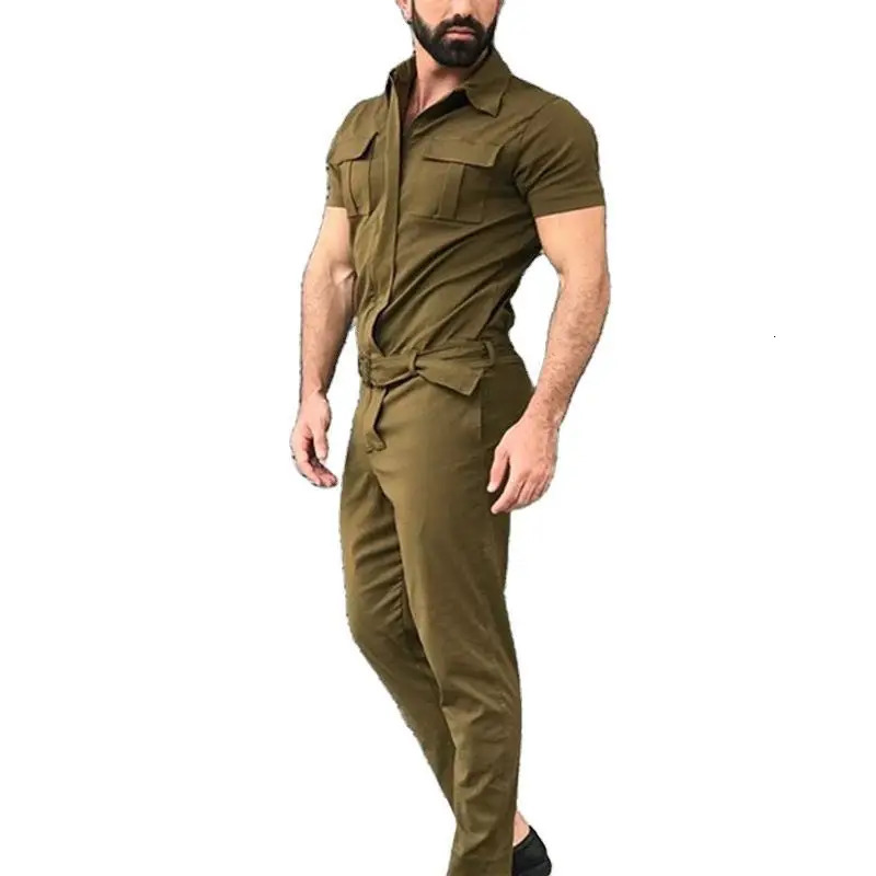 Men Pants Casual Onepiece Suit Spring Summer Fashion Jumpsuits Short Sleeve Belt Clothing Solid 250729