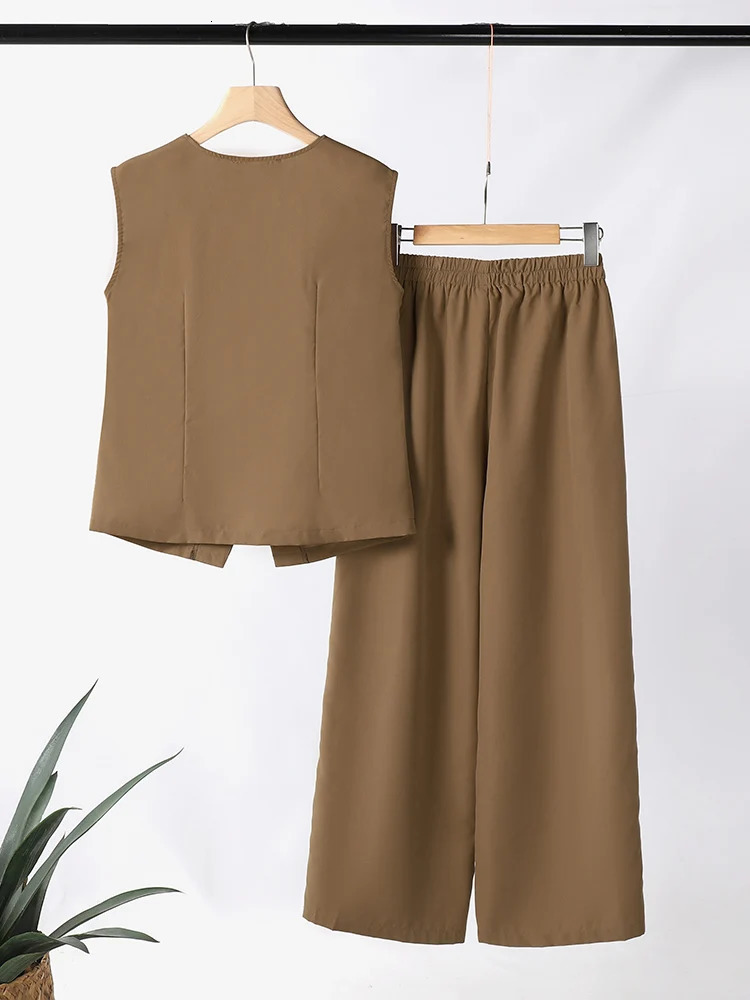 ZANZEA Women 2pcs Matching Sets Fashion Sleeveless Waistcoat Suits Office Lady Wide Leg Pants Casual Loose Solid Retro Outfits 250811