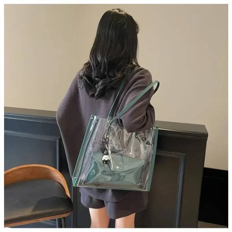 PVC Transparent Material Tote Bags Large Capacity Zipper Sewing for Women 2025 New Thread High Quality Mother and Son Bag