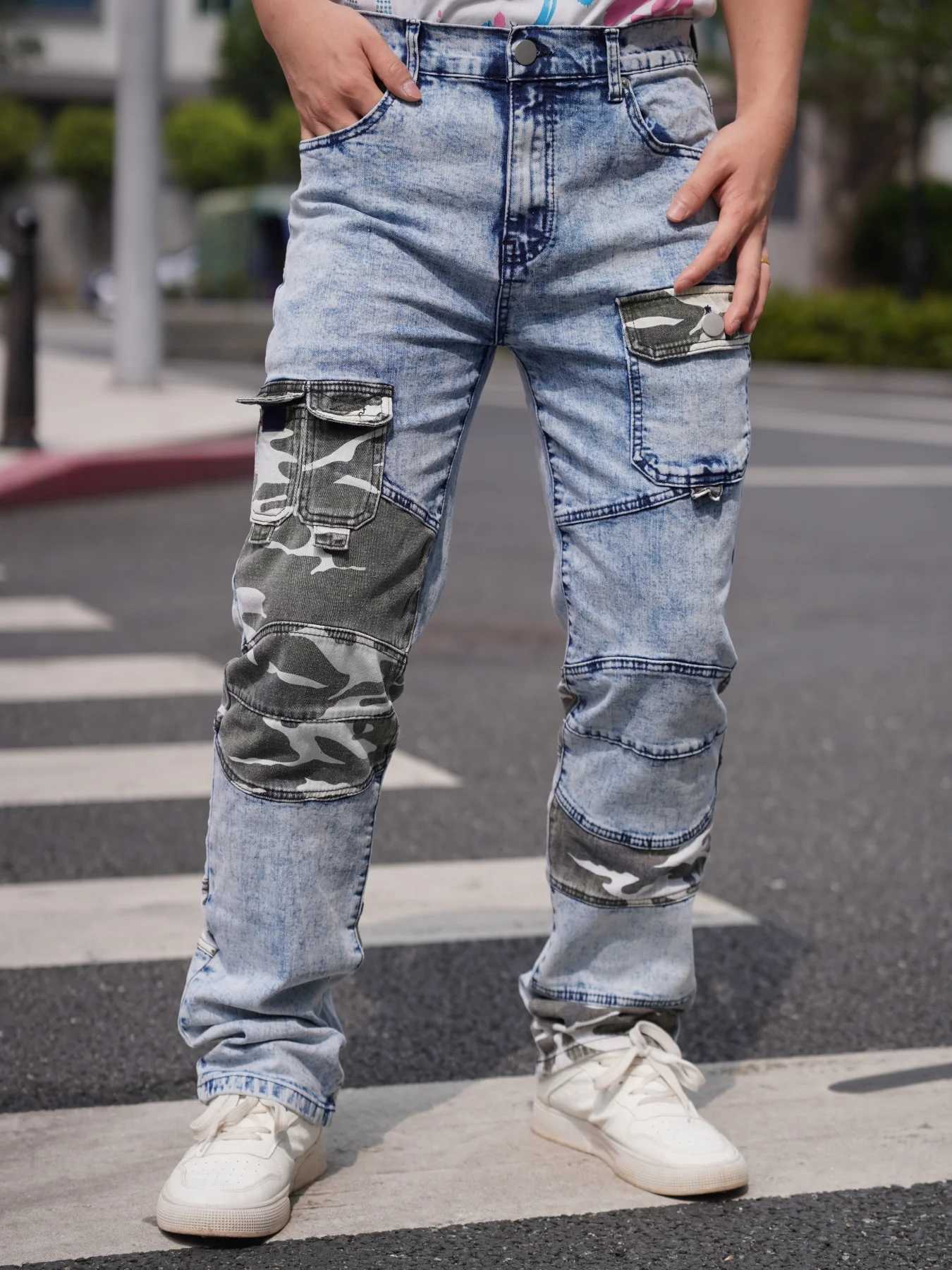 Mens Jeans Camouflage Patchwork Trendy Fashion Industrial Style Pocket Decoration Promotional Offer Free Shipping X250812