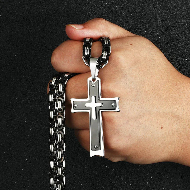 Cool Mens Black silvery Cross Pendant Long Byzantine Chain Necklace Christian Crucifix Necklace Religious Jewelry 250805