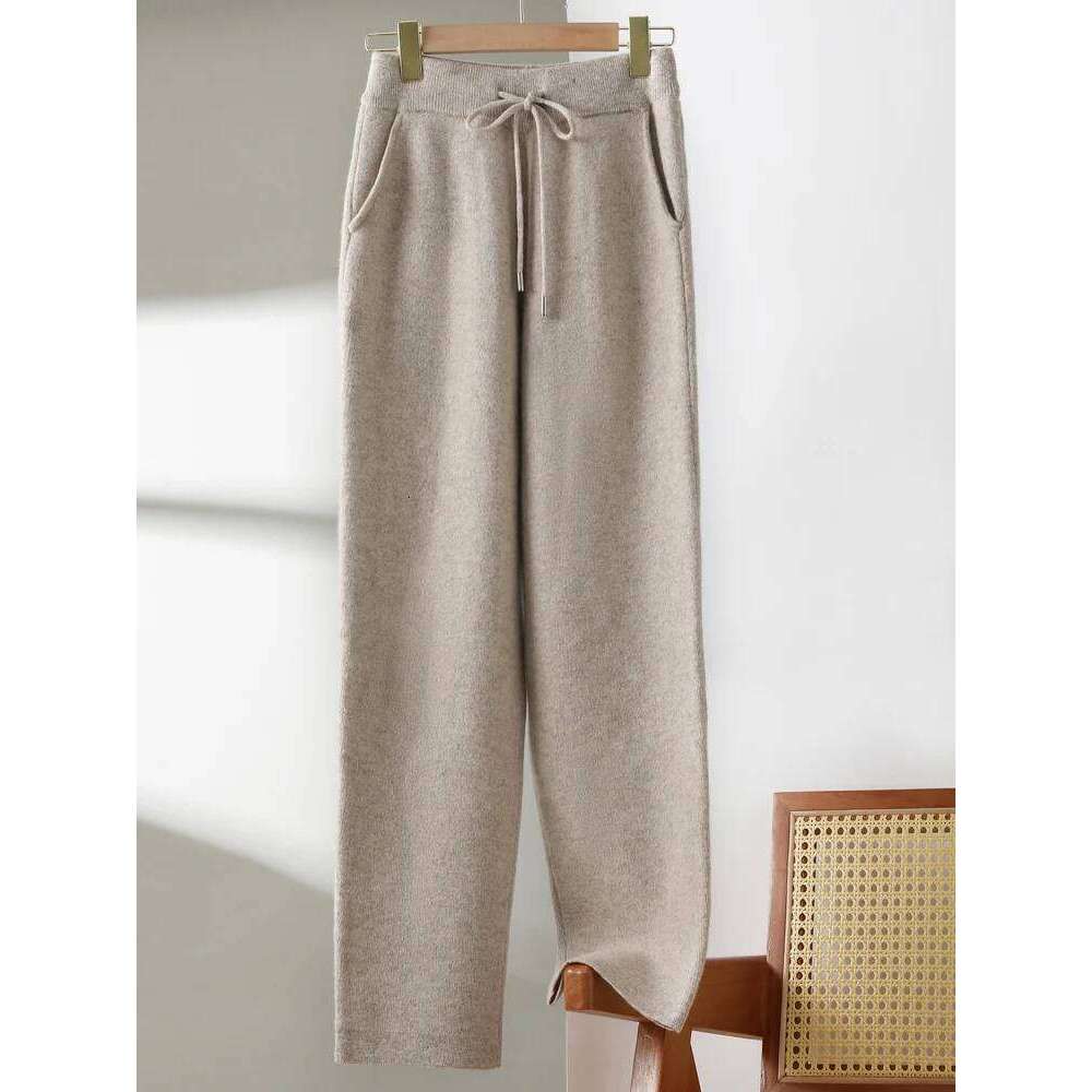 100% Pure Wool Small Leg Pants Kintted Autumn Winter Women's Fashionable Casual Versatile Thick Solid Color Pocket Cashmere Pant 20250811
