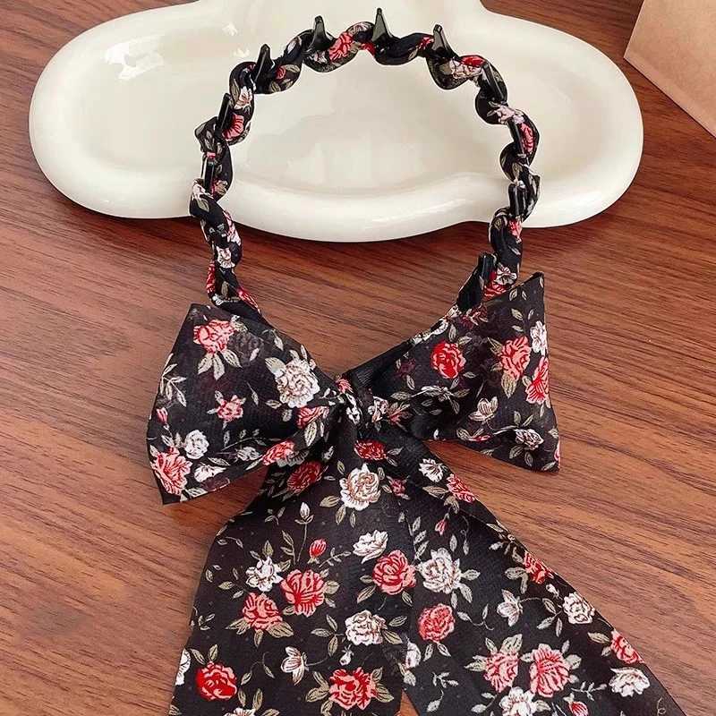 Elegant Print Flower Long Ribbon Teethed Hairband For Girls Sweet Hair Hoop Band Fashion Hair Accessories X250812