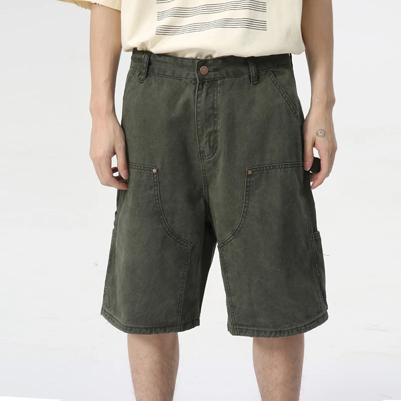 IEFB Mens Wear Knee Length Denim Shorts Summer Multi Pocket Loose Jeans Solid Color Japanese Style Male Overalls 9C6027 250805