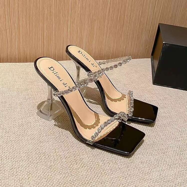 Summer 2025 New Style Rhinestone One-Strap Designer shoe Sandals Women, Thin Transparent Stunning Silver High Heel Slippers Designer for Women ,