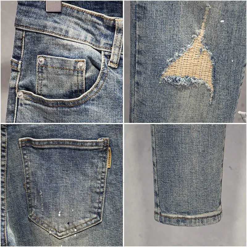 Stylish Mens Casual Cotton Trousers Korean Style Blue Slim Jeans with Distressed Holes Paint Splatters for Summer Youth Pants X250812