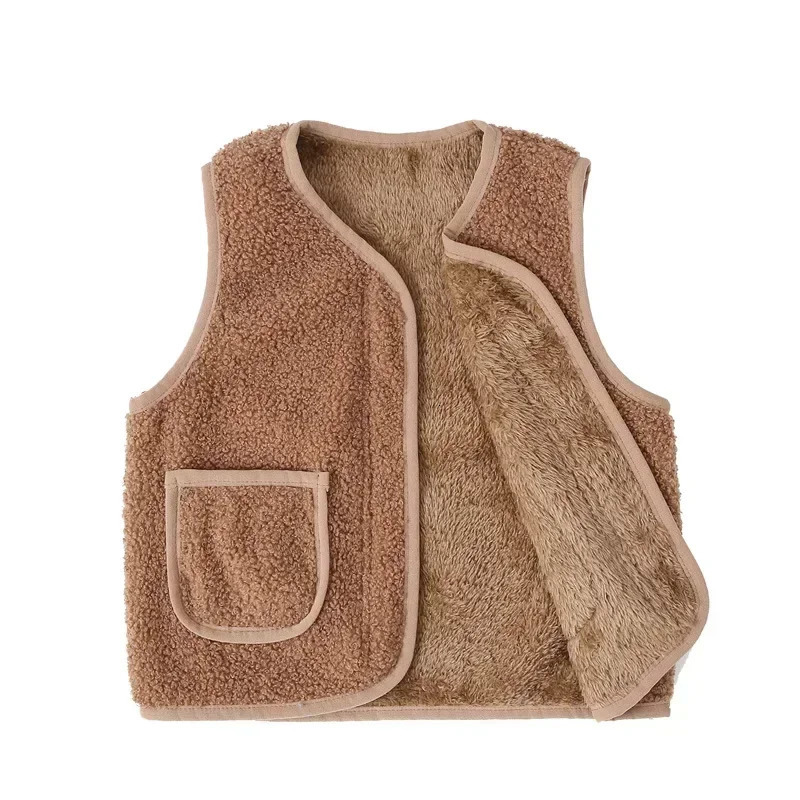 Autumn Winter Baby Lamb Wool Warm Waistcoat Girls Boys Plush Vest Single Breasted Double Layer Child Warm Fashion Warm Coat 250811