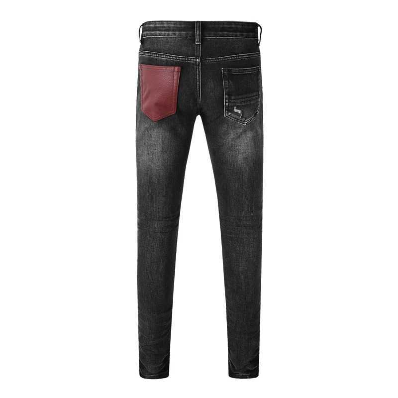 Fashionable new mens jeans with pleats washed water nostalgic perforations red patches mens black and gray jeans high stretch X250812