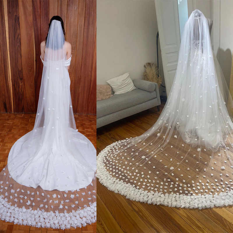 Sweety Petal Wedding Veil One Layer Long Cathedral Length Bride Veils Appliques Edge With Comb For Bride Voile Customized