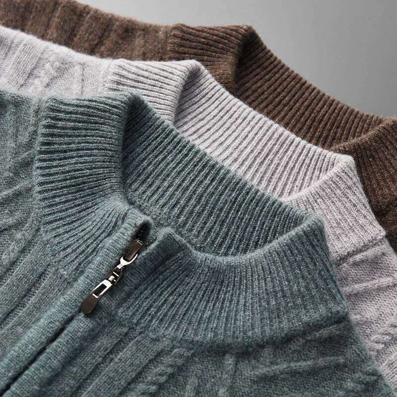 Winter 100% Merino Wool Zipper Cardigan Men's Semi-High Neck Thicken Knit Coat Fashion Loose Jacquard Jacket Warm High-End Shirt 250812