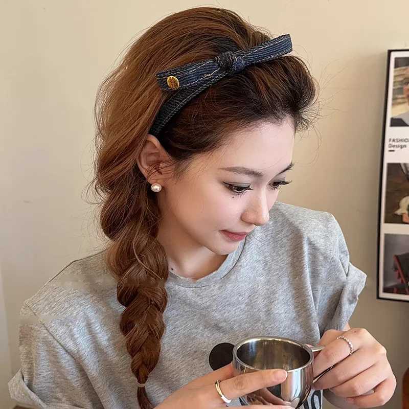 Elegant Denim Blue Bow Hairband with Tooth Retro Band for Women Girls Hair Bands Hair Accessories X250812