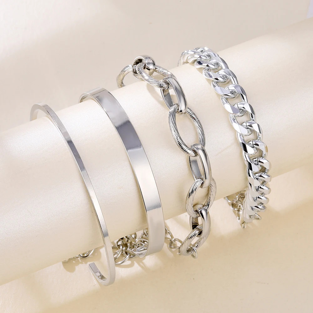 4Pcs Punk Heavy Metal Big Thick Chain Bracelet Set Women Retro Geometric Metal Twist Chain Bangles Bracelet Fashion Jewelry 250811