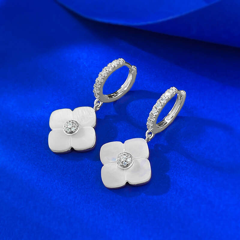 Mujing Jewelry S Sier Live New Pink Mother-of-Pearl Four-Leaf Clover Multicolor Earrings Ins Style Light High-End Feel