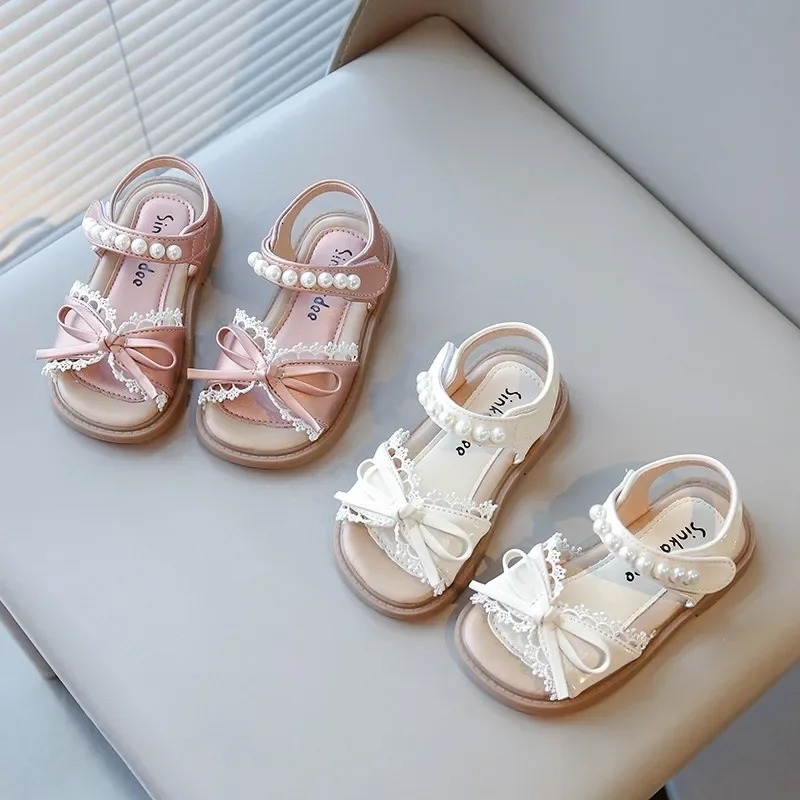 Toddler Kids Beach Shoes for Girls Princess Bowknot with Lace Children Pearl Beading Summer Sandals Elegant Sweet w250725