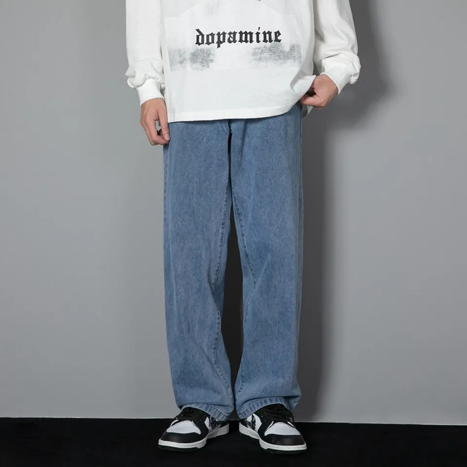 Korean Solid Colors Mens Casual Long Jeans Classic Man Four Seasons Straight Denim Wide-leg Pants Light Blue Grey Black 3XL 250811