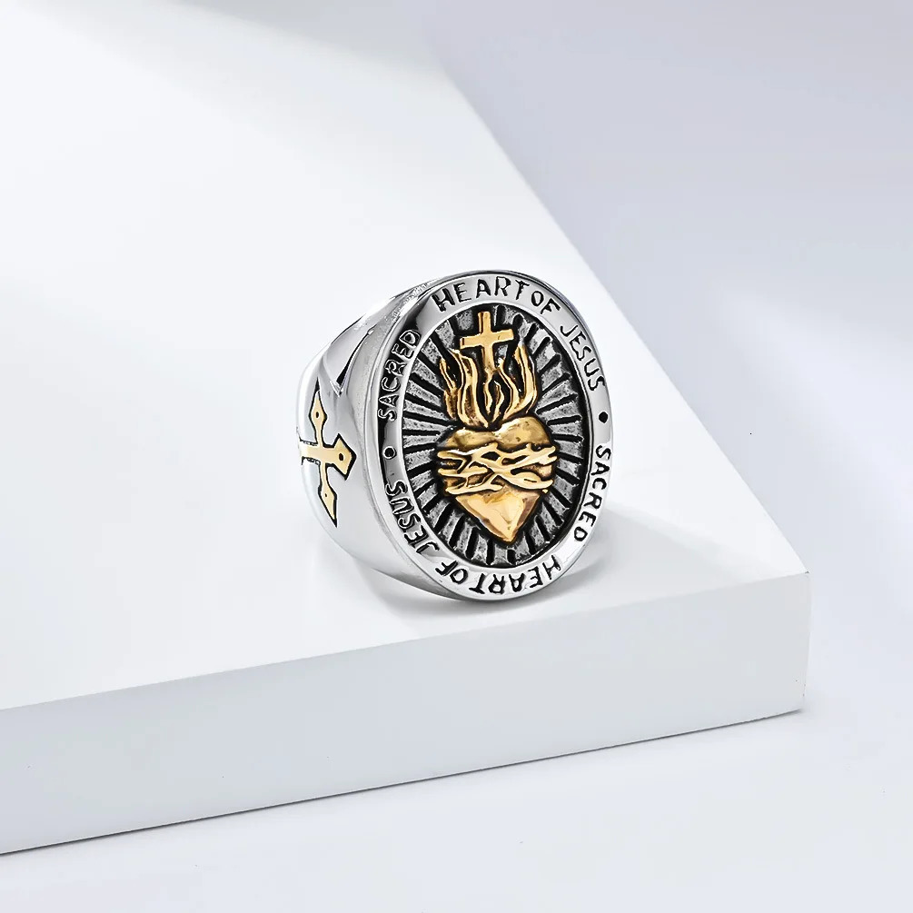 Vintage 18K Gold Plated Jesus Cross Signet Men Stainless Steel Religious Jewelry heart Crucifix Ring 250812