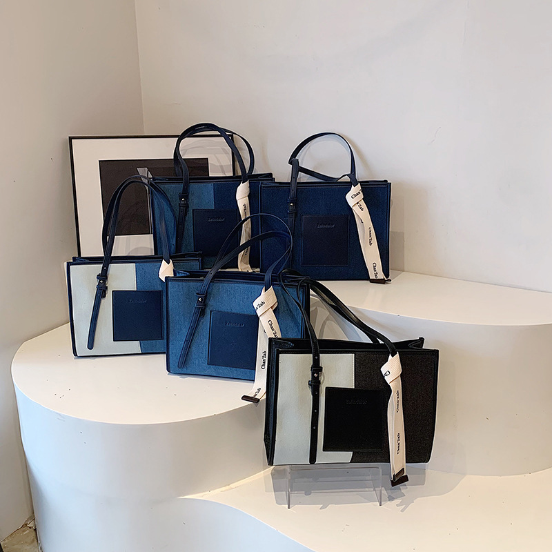 Spliced Denim for Women Underarm New Versatile Shoulder High-end Commuter Tote Bag