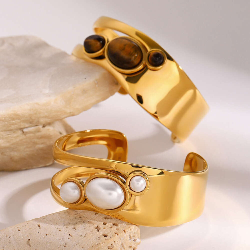 Designer Stainless Hollow Pearl Designer Bracelet High Version Natural Stone Open Bangle Titanium Jewelry Steel Jewelry