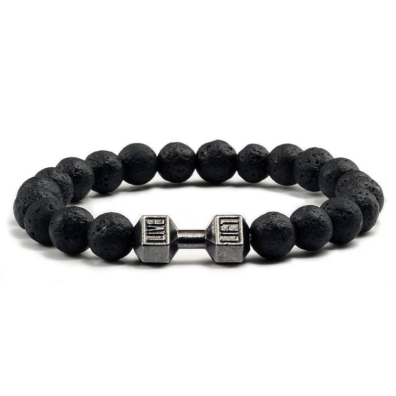 Natural Volcanic Stone Bracelet Men Matte Black Lave White Beads Charm Dumbbell Strand Bracelets Women Barbell Fiess Jewelry