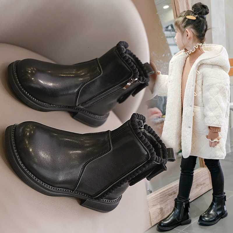 2024 New Girls Chelsea Leather Boots Round Head Anti-Slip Children Ankle Boots with Sweet Bow Girls Short Boots with Side Zip XJ250812
