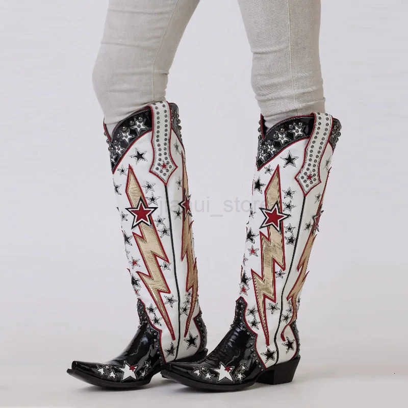 White Western Boots Ethnic Retro Knights Boots Fashion Five-pointed Star Cowgirl Boots M250812
