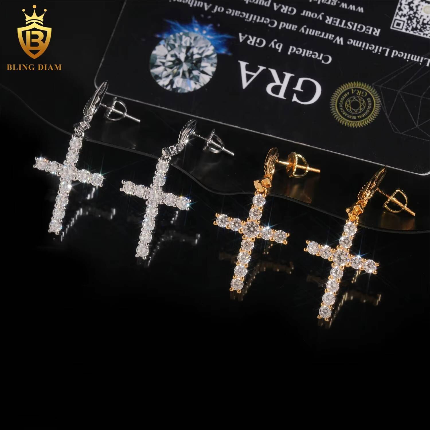 New Arrival Pass Diamond Tester VVS Moissanite 925 Sterling Silver Iced Out Cross Earrings