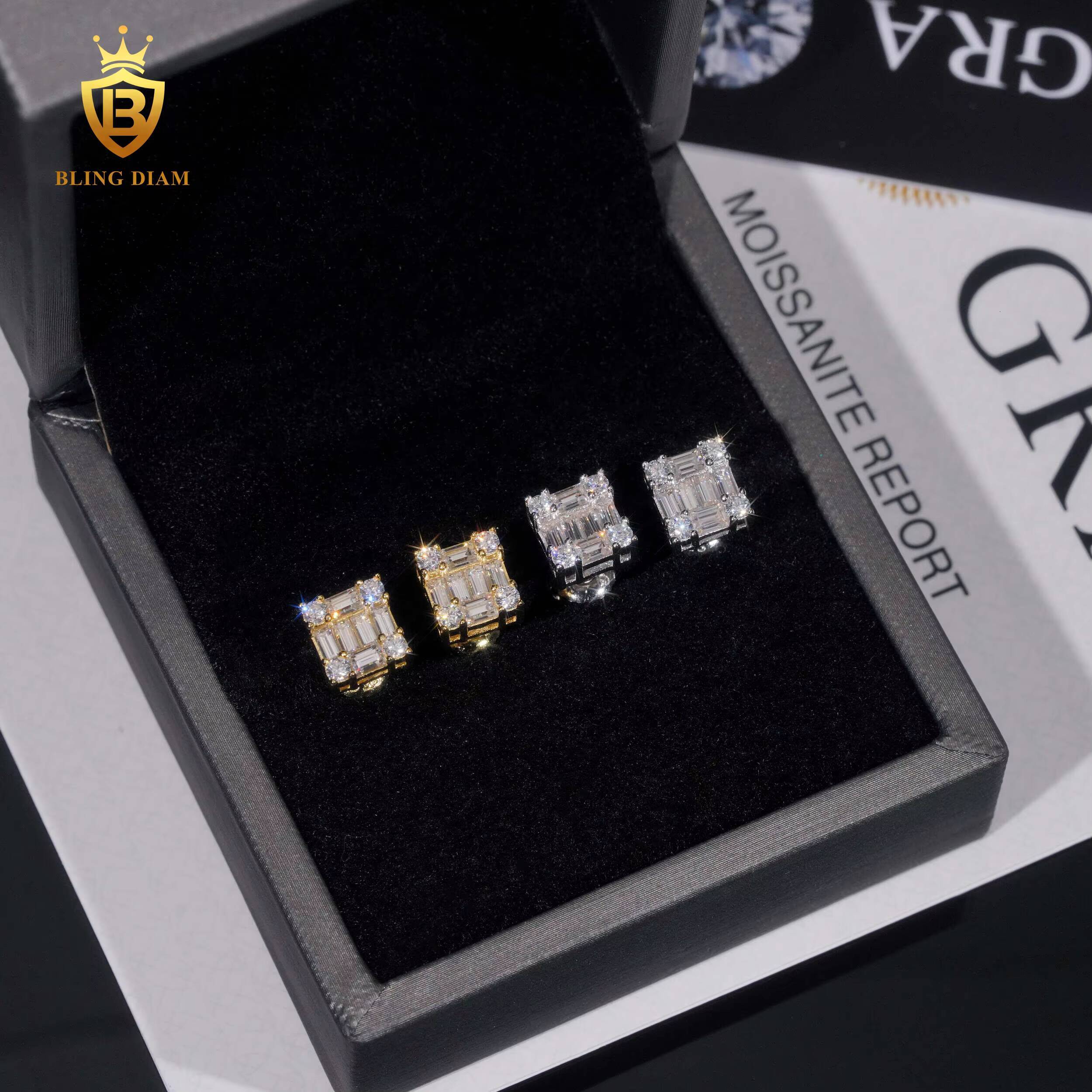 Fashion Jewelry 925 Silver Emerald Cut Luxury Design Iced Out VVS Moissanite Diamond Square Stud Earrings for Men Women