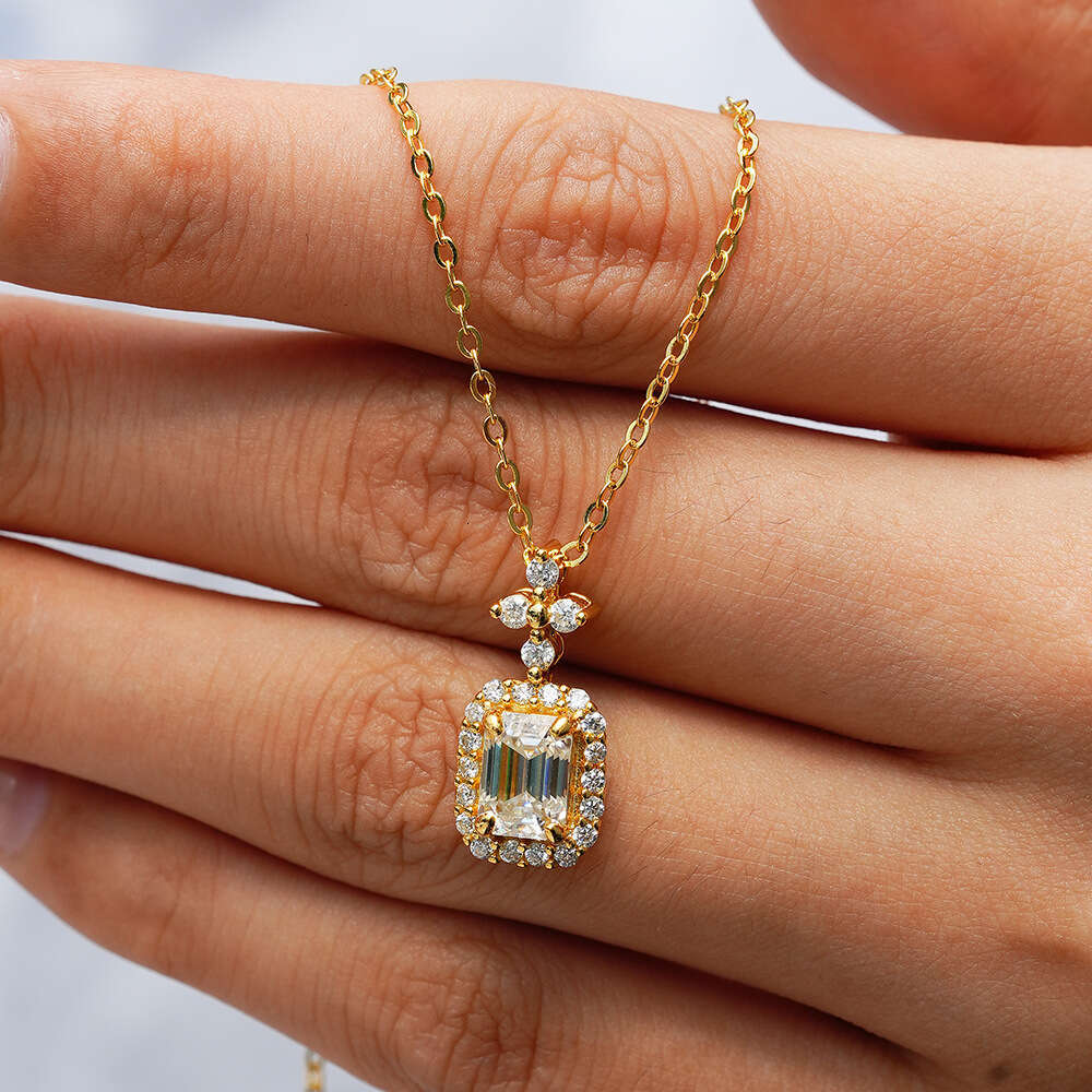 Designer Rectangular Pendant Emerald Female 14K Jewelry Gold Plated Sterl Sier Full Moissanite Necklace