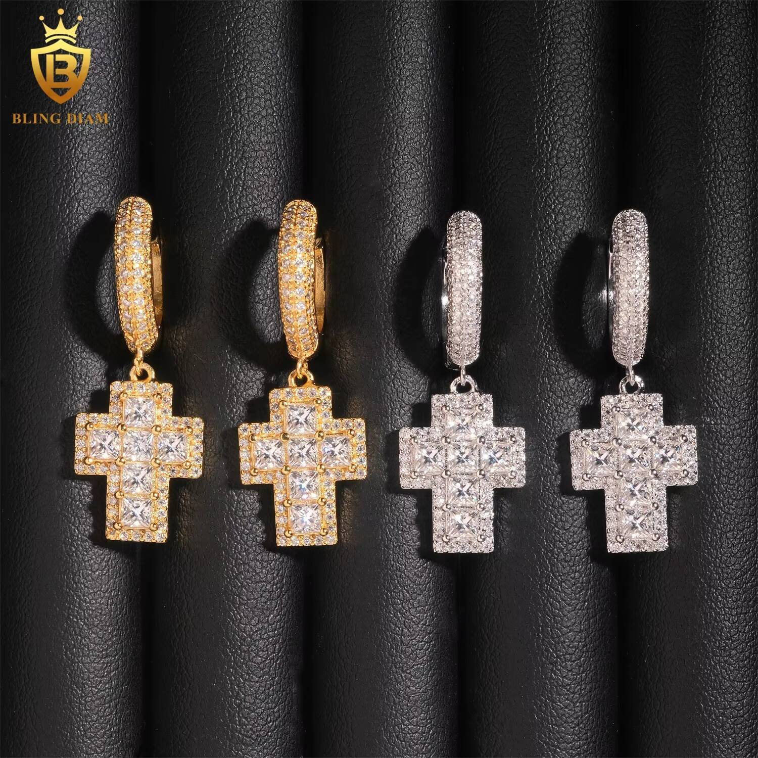 Fine Jewelry Luxury 925 Sterling Silver VVS Moissanite Hip Hop Custom Cross Earrings