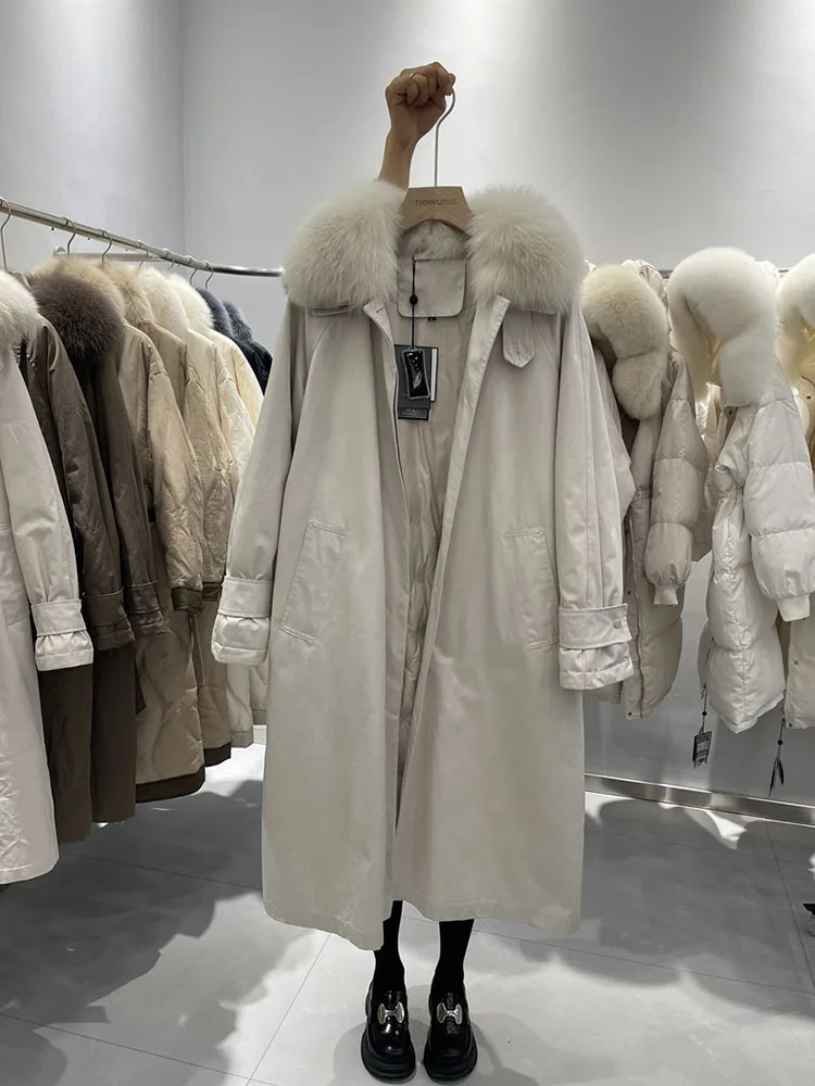 Parker down jacket womens Korean long over the knee white duck down winter big fur collar loose Down jacket trend 250806