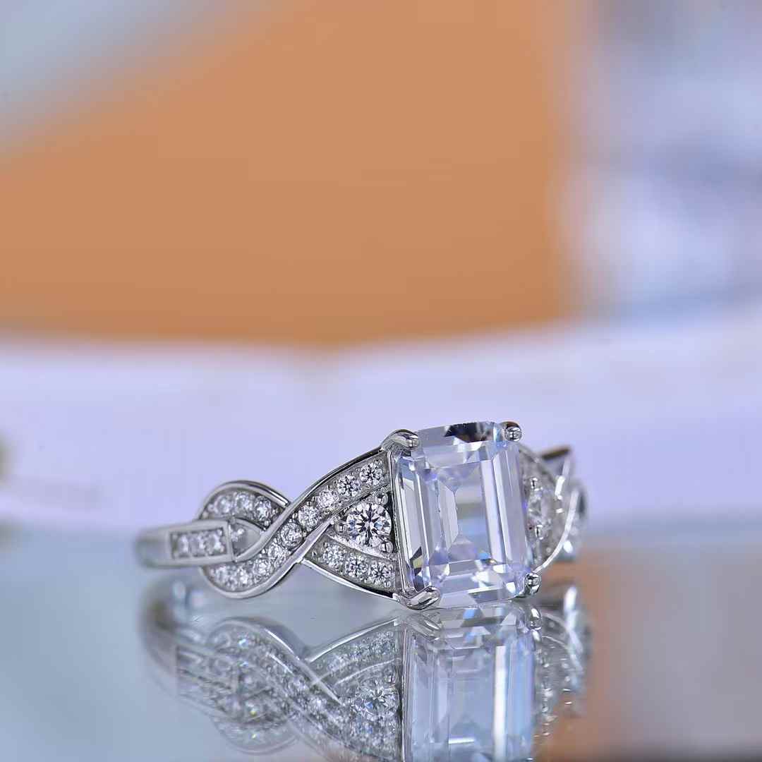 Moissanite Emerald Cut Ring Sparkly Square Gem with Twisted Band Diamond Look Silver Ring for Women