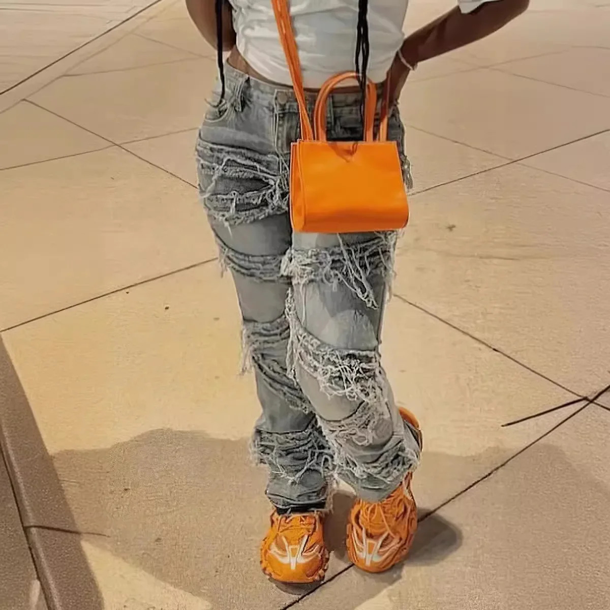 Street of Europe and America Ripped Washed Patchwork Tassel Jeans Ladies Autumn Fashion Leisure Straight Barrel Long Jeans 250811