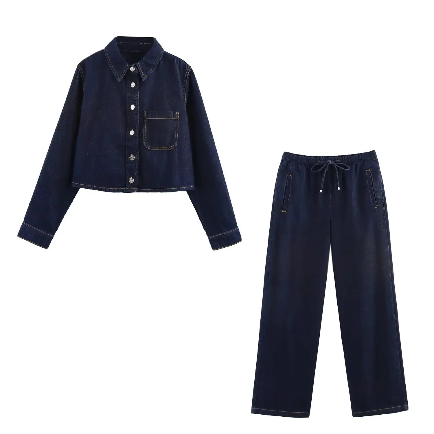 PB ZA Womens Long - sleeved Collared Button - down Cropped Denim Jacket and Drawstring - waist Denim Pants Set for Summer 250808