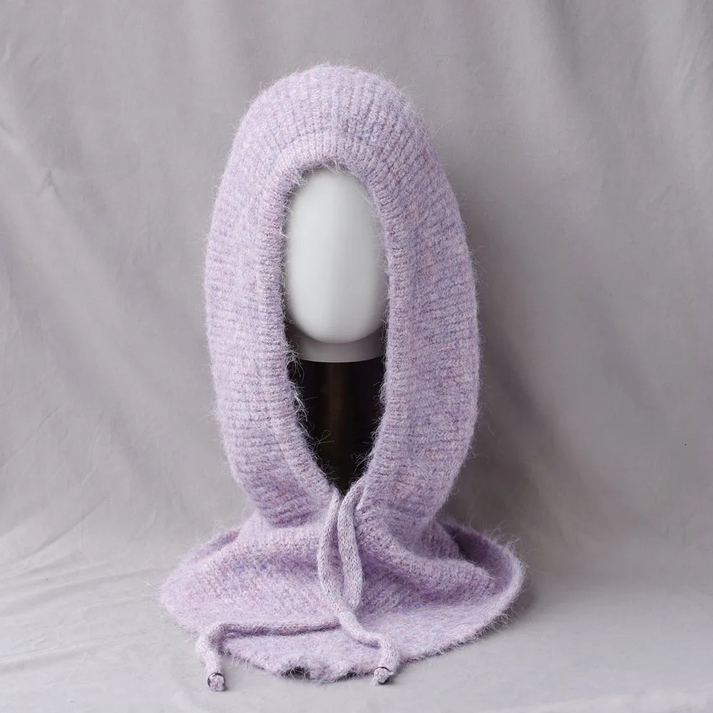 Unisex 100%Wool Knitted Balaclava Winter Ear Face Neck Protect One-Piece Scarf Hat Soft Warm Hooded Beanies Twist False Collar 250808