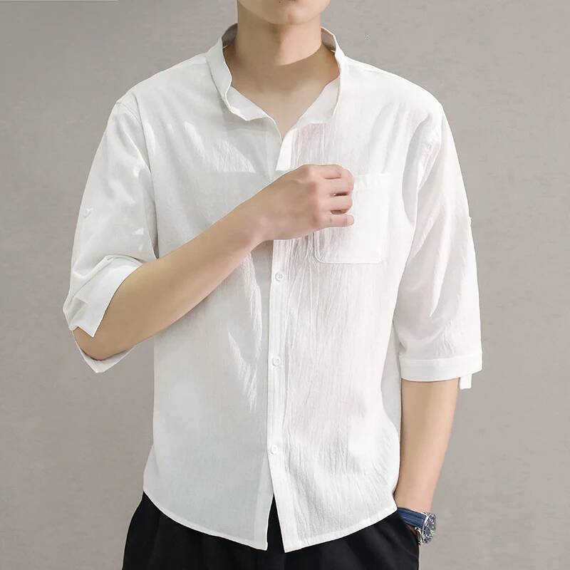 2025 Solid Color 3/4 Sleeves Spring Loose Stand Collar Male Office Buttons Placket Men Over Shirt for Work ddmymarket