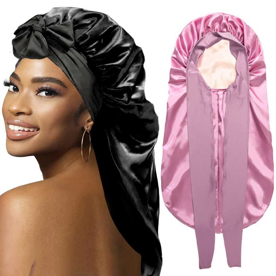 High Quality Silky Long Satin Bonnet Wide-Brimmed Extra Large Size Nightcap with Elasticated Floppy Band for Natural Curly Hair XJ250812