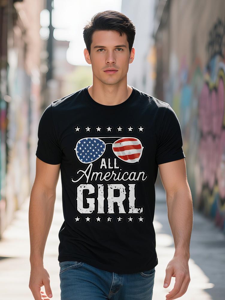 Men S Casual Crew Neck T-Shirt with All American Girl Print Patriotic Glasses Stars Design Lightweight Summer Tee