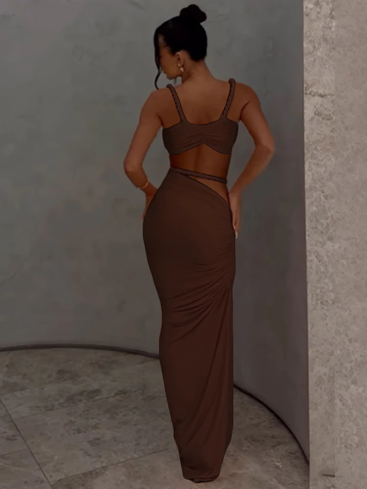 Weird Puss Bandage Ruched 2 Piece Set Women Square Collar BraSkinny Long Skirts 2025 Summer Vacation Beach Party Trend Suits 250811