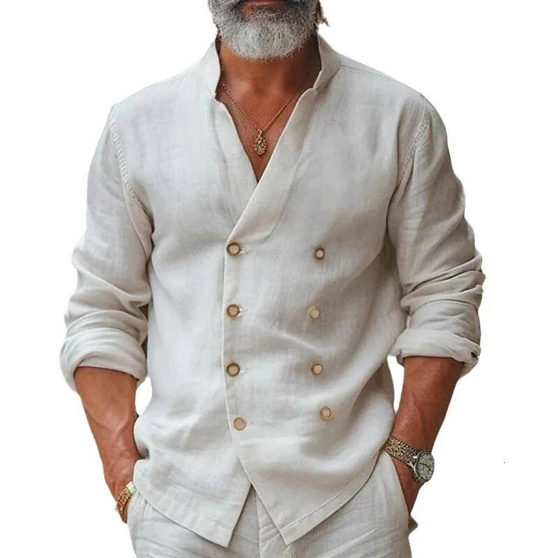 New Spring Autumn Men's Cotton Linen Casual Fashion Double Breasted Tops Vintage Stand Collar Solid Long Sleeve Shirt Men ddmymarket