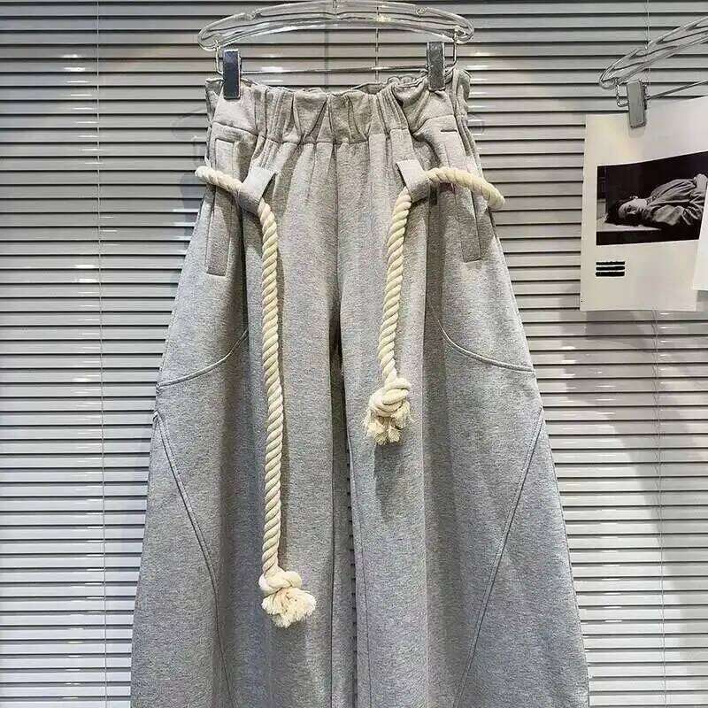 DEAT 2024 Autumn New Arrival Fashion Women's Woven Bandage Design Loose High Elastic Waist Wide Leg Casual Pants 33A1851 MDNG 20250811