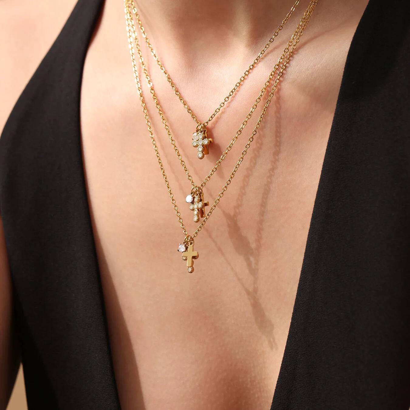Nivora Stainless Steel Zircon Double Layer Cross Pendant Chain Necklace For Women PVD Gold Plated Neck Daily Wear Party Jewelry