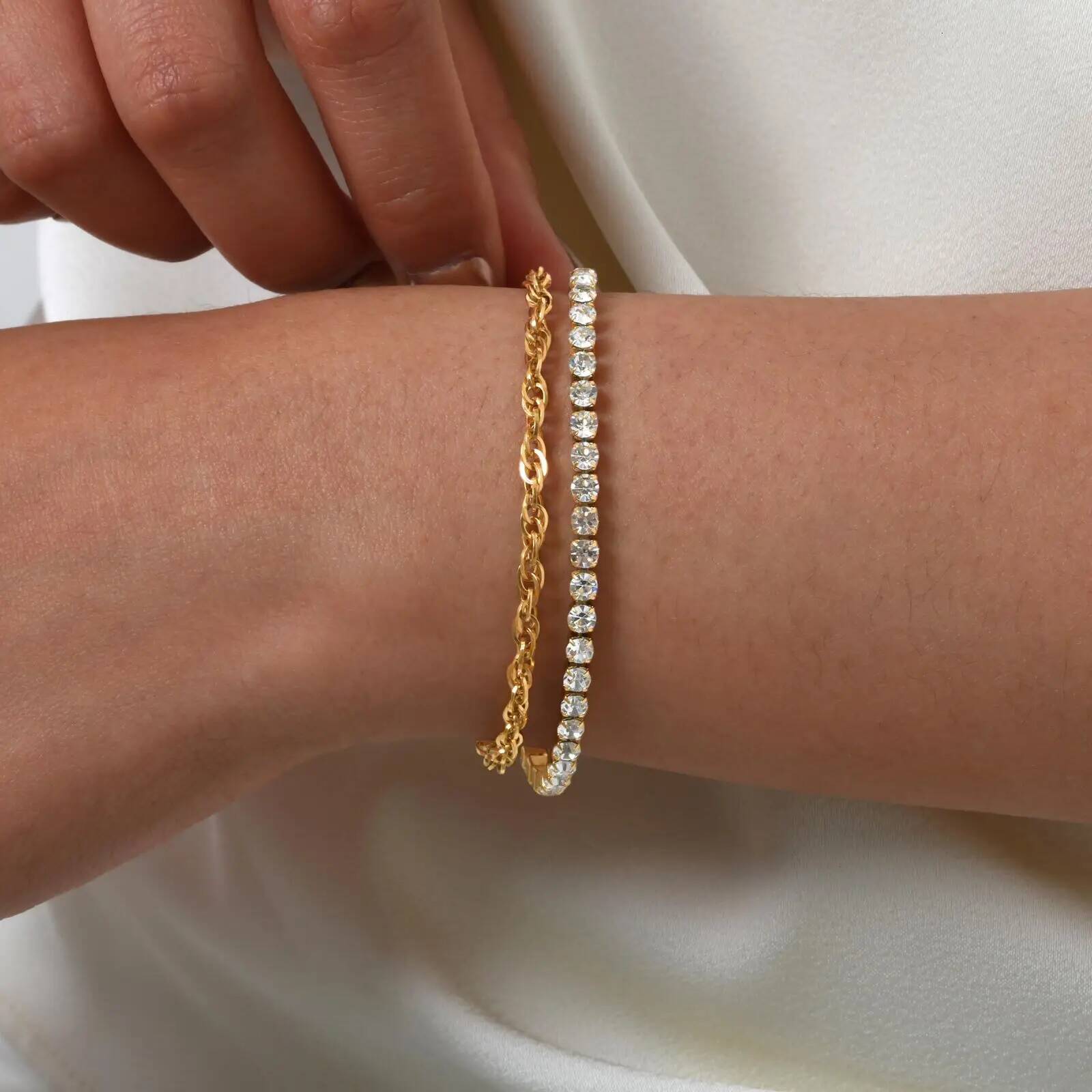 Vnox Stainless Steel Cubic Zirconia For Women Double Layer Twist Chain Charm Bracelet Jewelry Girls Gifts