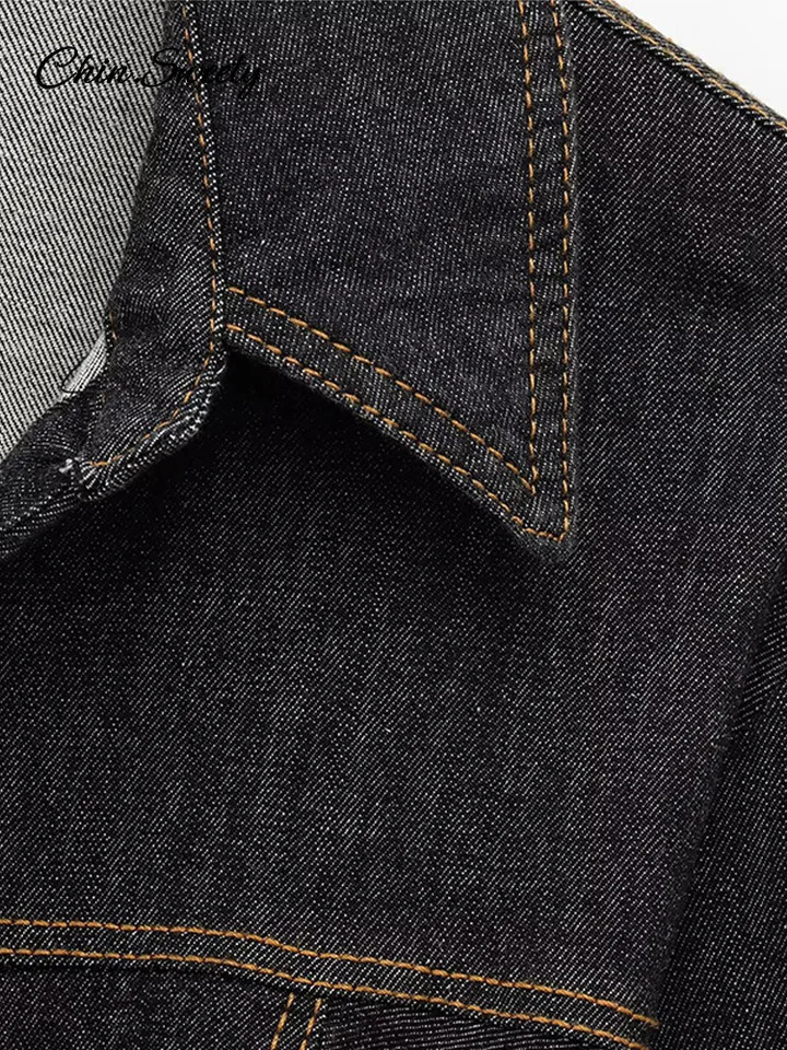 Denim Jeans Suits Women Waist Up Lapel Single Breasted Long Sleeve Coat Wide Leg Pants Spring Pleat High Street Sets 2 Pieces 250811