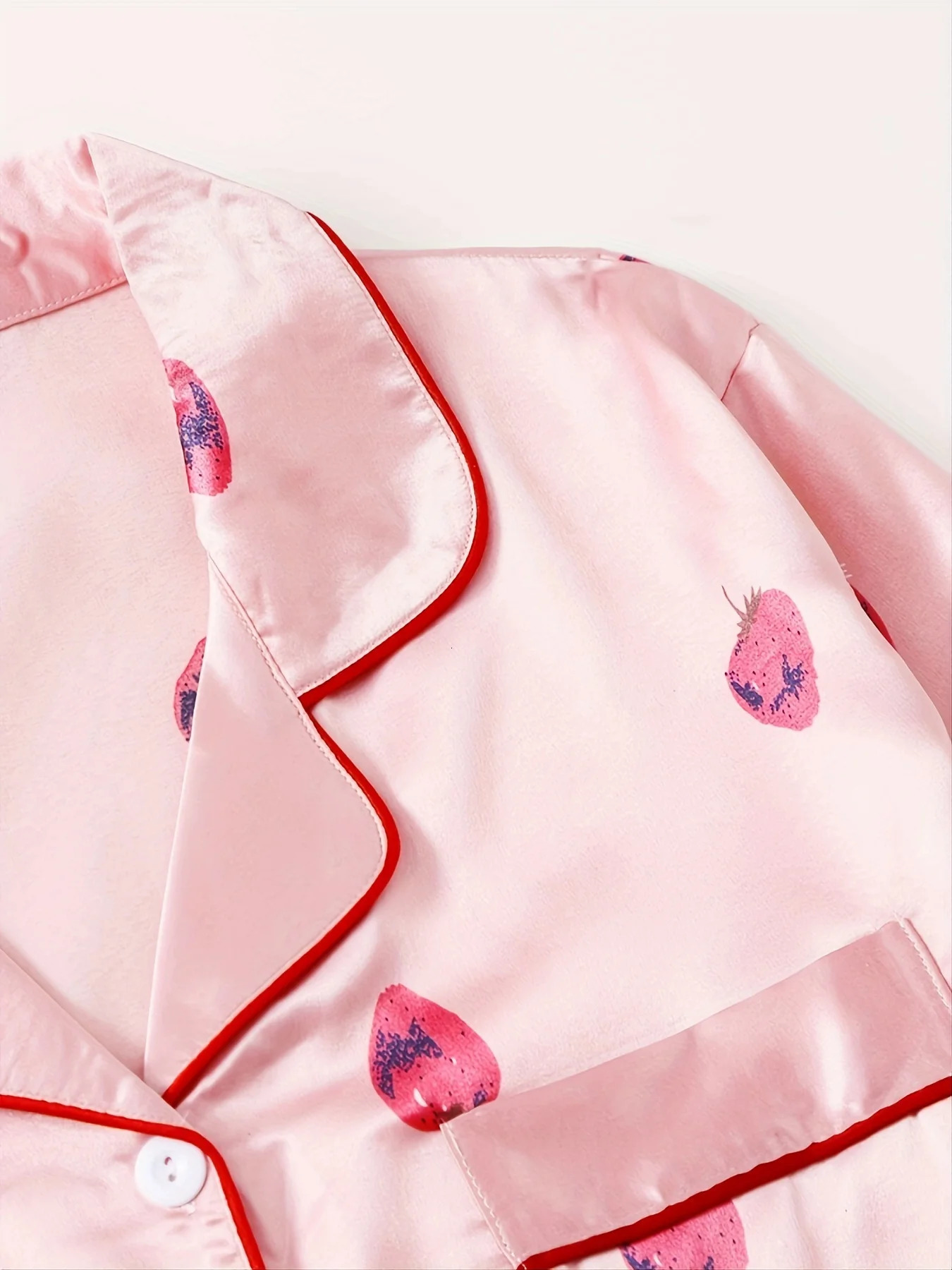 Strawberry Pattern Satin Long Sleeve Tops Pants Pajama Set For Valentines Gifts 250811