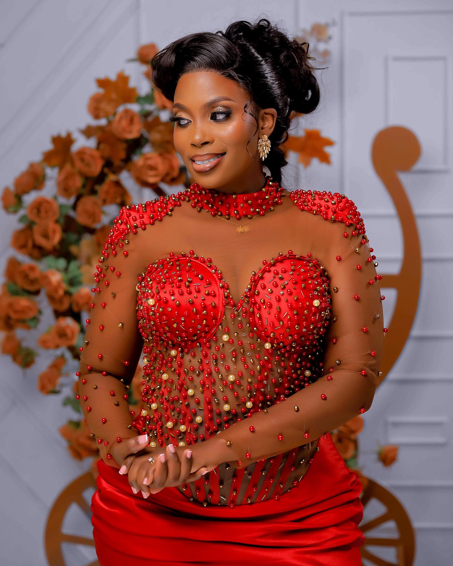 Mermaid Red Plus Size Prom Dress 2025 Evening Dresses For Special Occasions High Neck Beaded Pearls Illusion Long Sleeves Birthday Second Reception Go