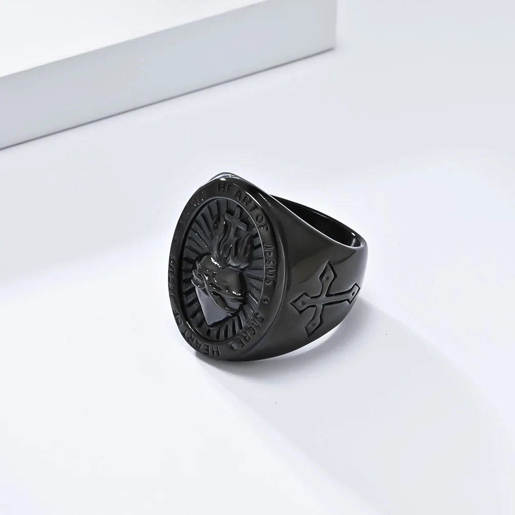 Vintage 18K Gold Plated Jesus Cross Signet Men Stainless Steel Religious Jewelry heart Crucifix Ring 250812